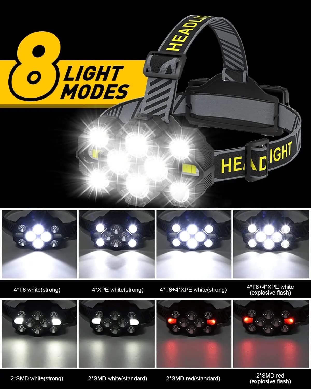 Lampe frontale rechargeable 10 LED lumières blanche et rouge pêche camping vélo running