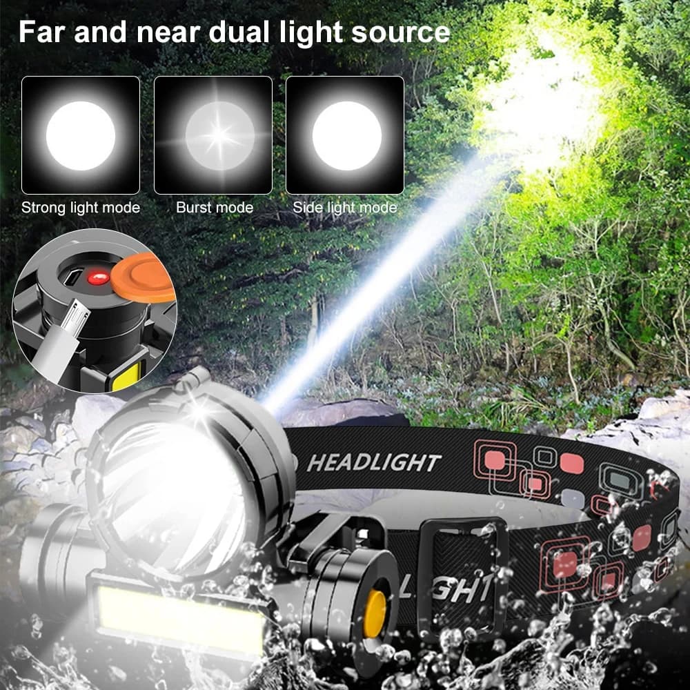 Lampe frontale LED puissante HOMEFISH rechargeable USB étanche pour pêche nocturne et camping