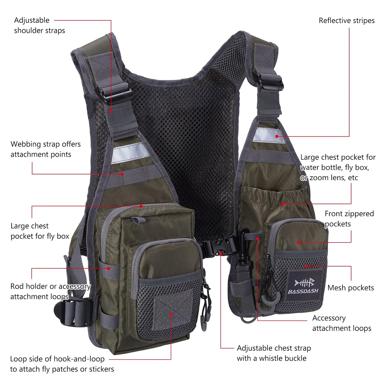 Gilet de pêche à la mouche ultra-léger Bassdash FV08 pour homme et femme, sac poitrine portable
