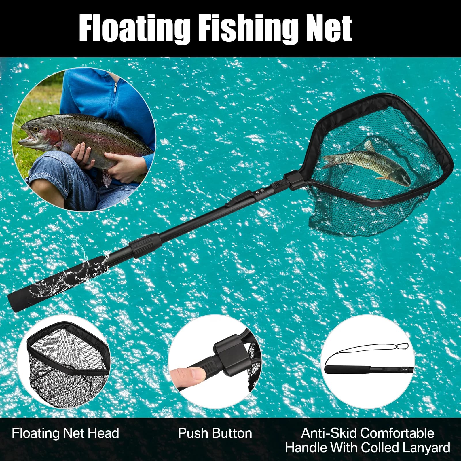 Filet de pêche télescopique 55-190cm saumon truite carpe silure débarquement flottant pliable capture facile