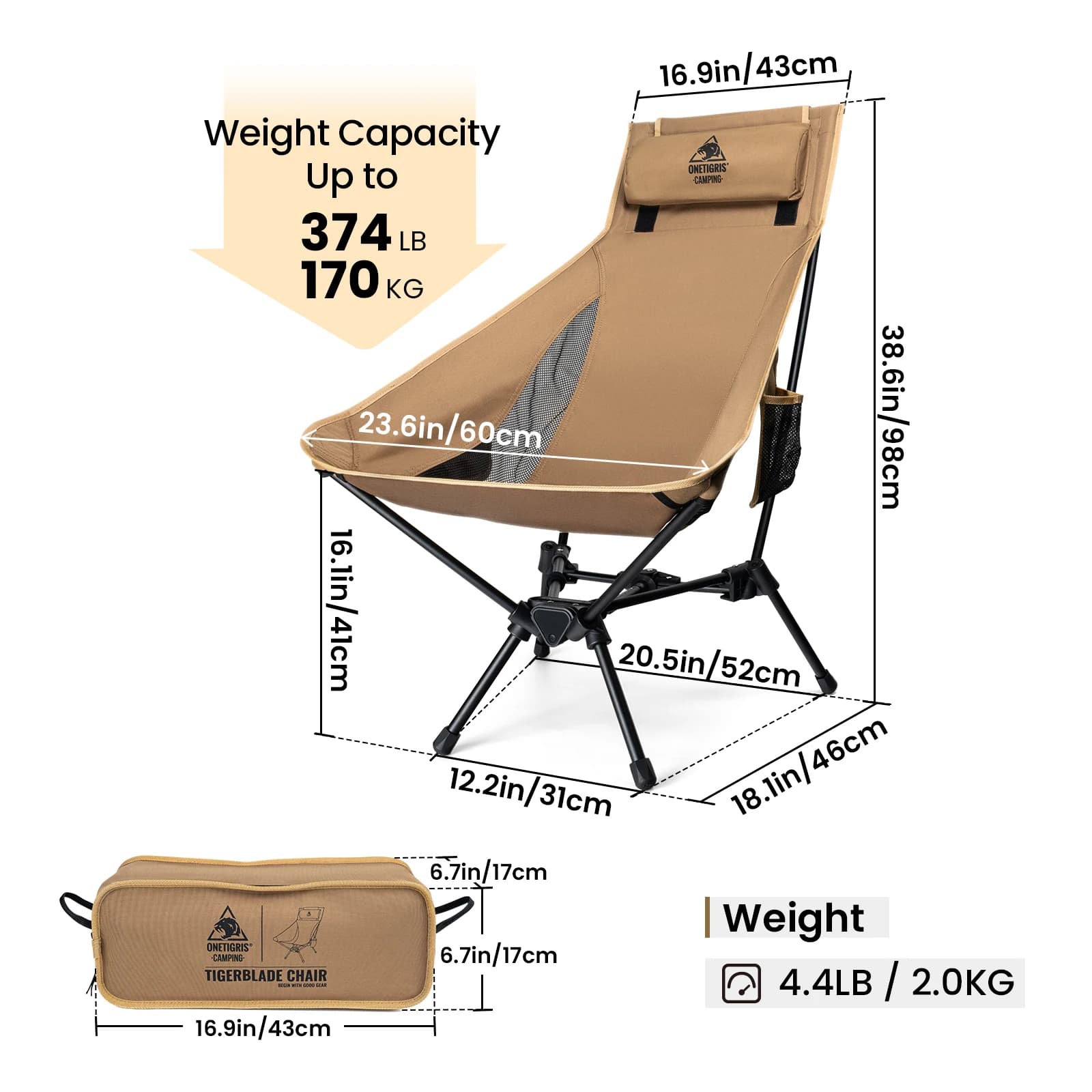 Chaise OneTigris Tigerblade pour pêche - Siège pliable robuste pêche trekking activités extérieures confortable