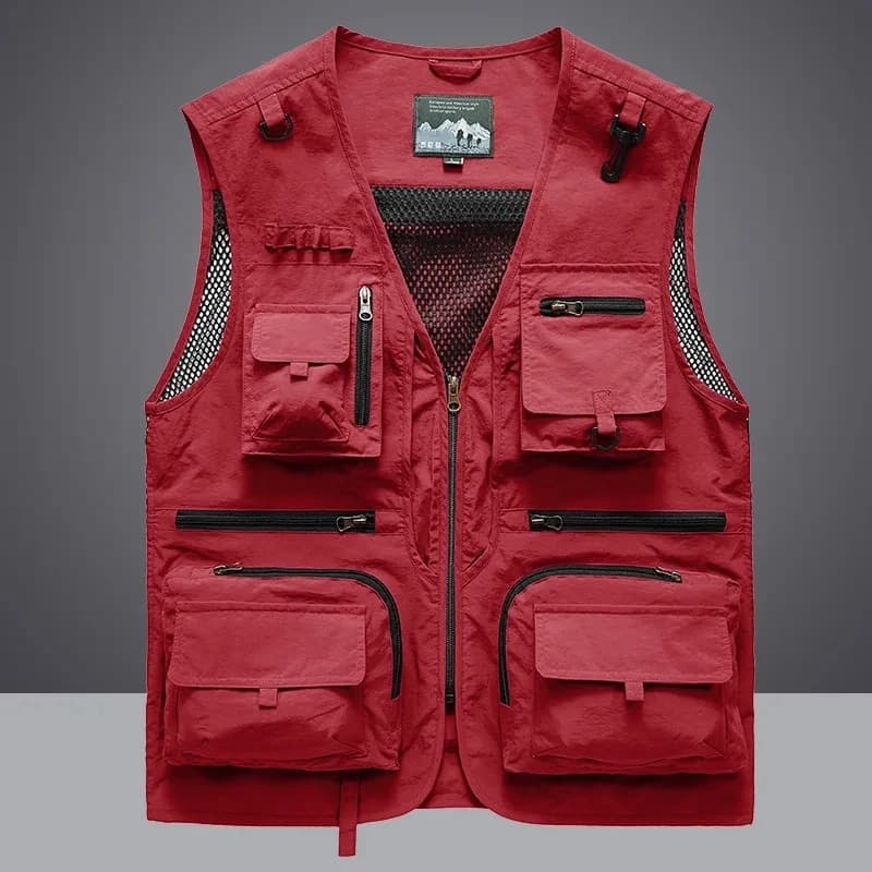 Veste de pêche cargo 2025 rouge multi-poches nylon pour journaliste photo et camping