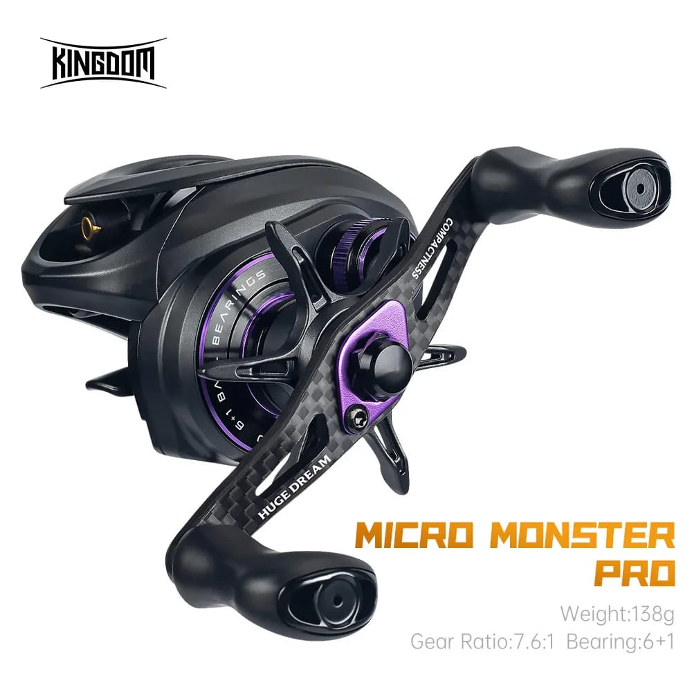 Moulinet baitcasting ultra-léger Kingdom Micro Pro 138g en carbone pour pêche des carnassiers avec ratio 7.6:1
