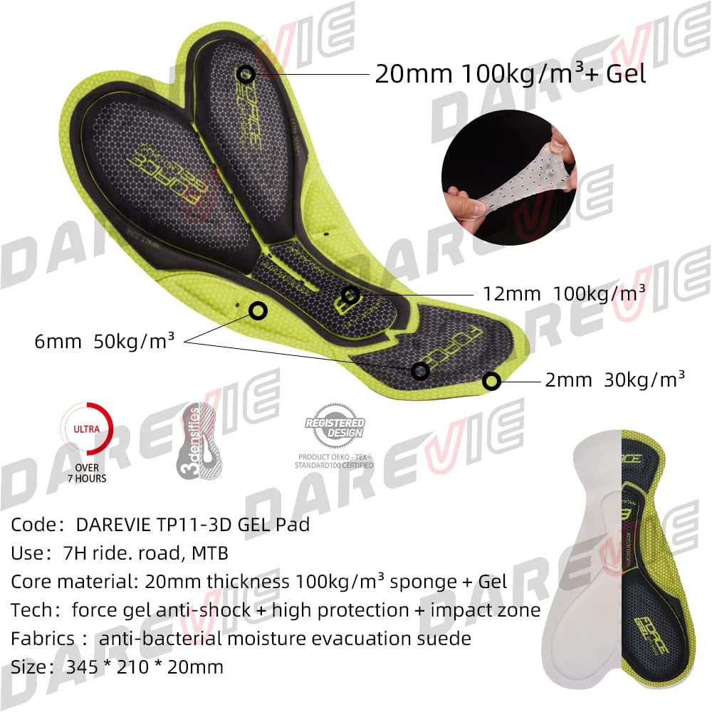 Cuissard cyclisme homme professionnel DAREVIE avec gel 3D 6 heures et grip jambes 7cm pour compétition VTT