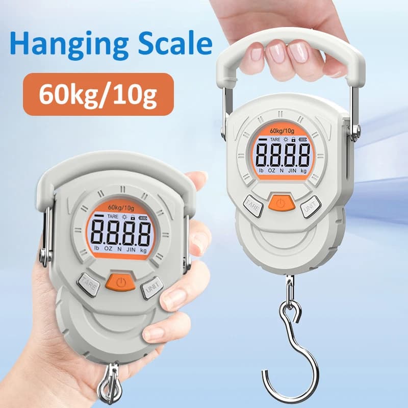 Balance digitale LCD portable 60kg précision 10g pour bagages et pesée poissons avec crochet suspendu