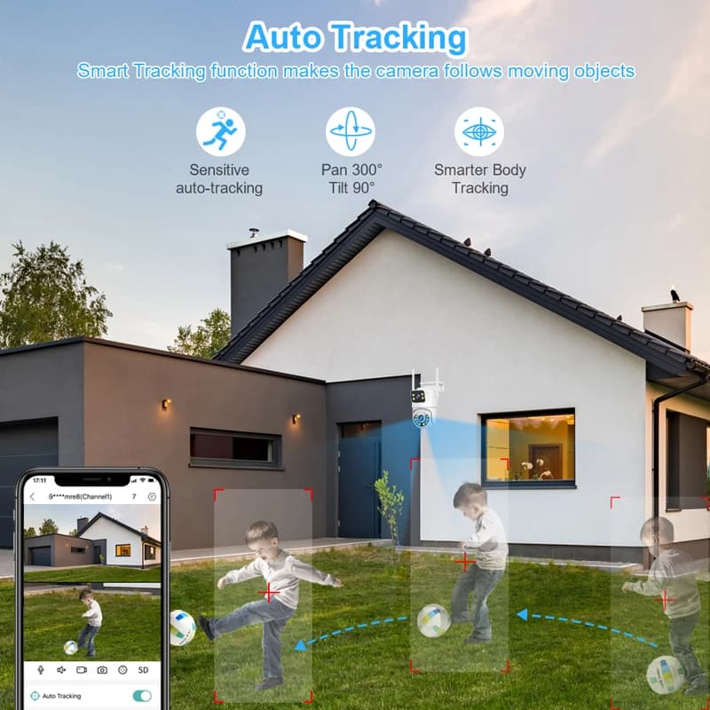 Caméra PTZ WiFi double objectif 6MP - Surveillance sécurité extérieure pêche auto-tracking