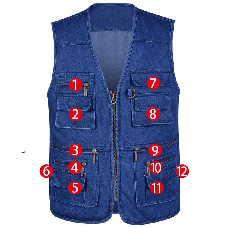 Gilet denim homme 16 poches sans manches - Veste outdoor photographie - Taille plus 5XL casual