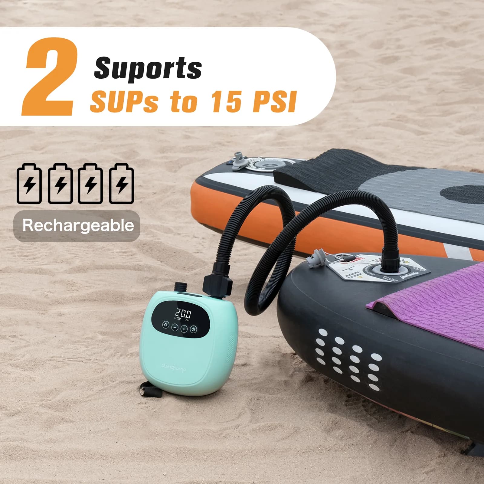 Pompe électrique paddle dwndpump avec batterie 38.48Wh - Pompe gonflage dégonflage SUP, kayak et bateau gonflable 20PSI