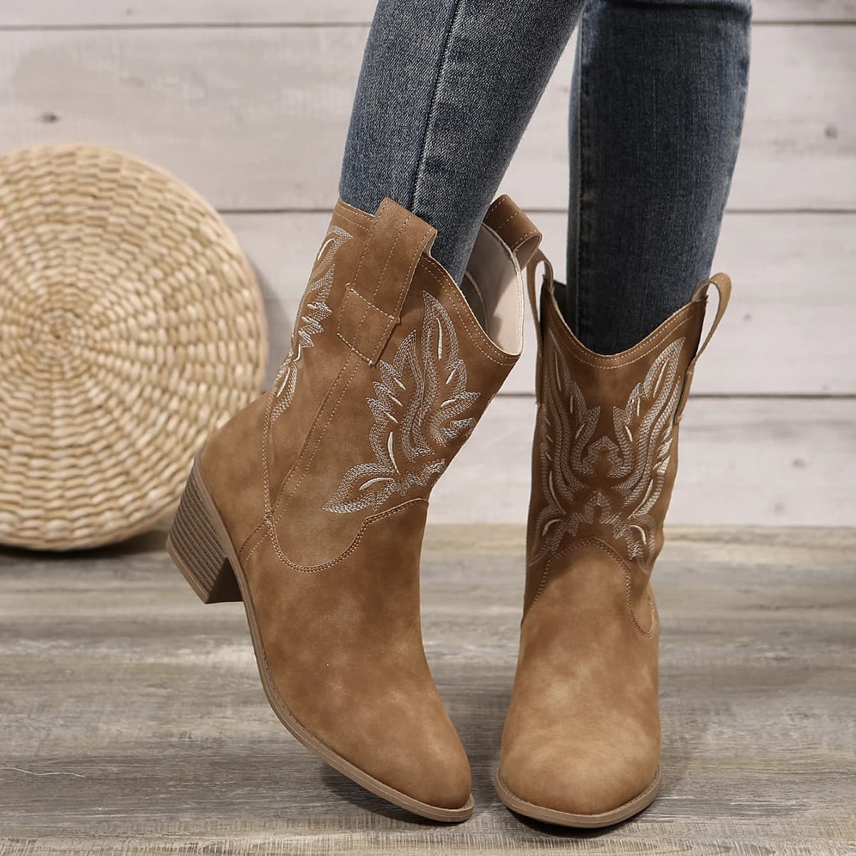 Bottes cowboy femme brodées pointues talon épais genou automne western botas de mujer neuves