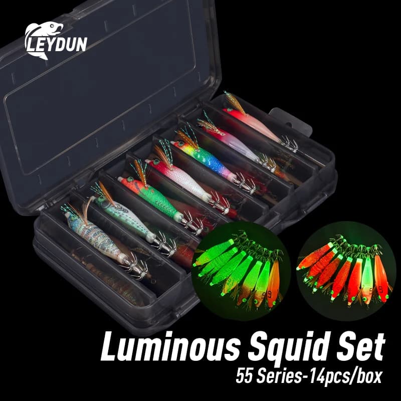Kit 14 leurres lumineux horizontal squid jig bois crevette avec hameçons BKK pour pêche au calmar