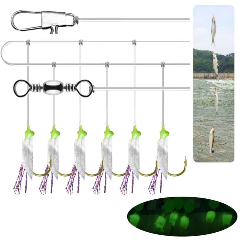 5 montages sabiki avec perles lumineuses - Bas de ligne pêche avec hameçons acier carbone pour eau douce et mer