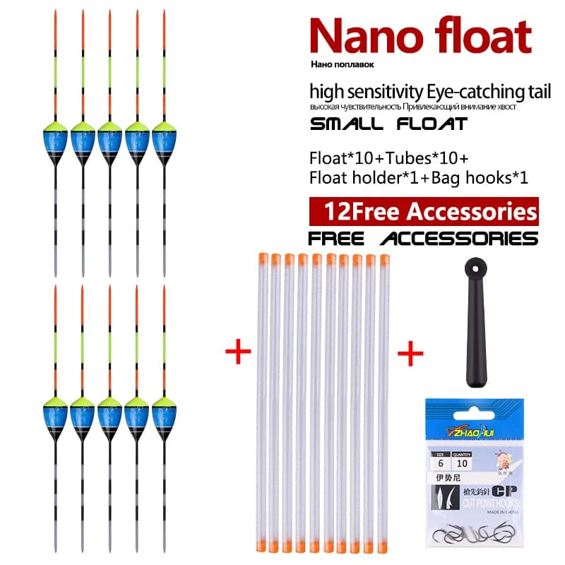 10 flotteurs nano + 10 tubes + hameçons + support pour pêche en eau douce stable