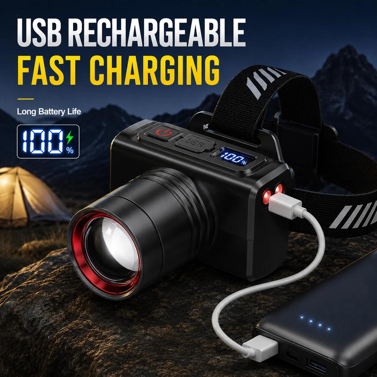 Frontale LED rechargeable zoomable étanche ultra-lumineuse - Excellence pour pêche et camping