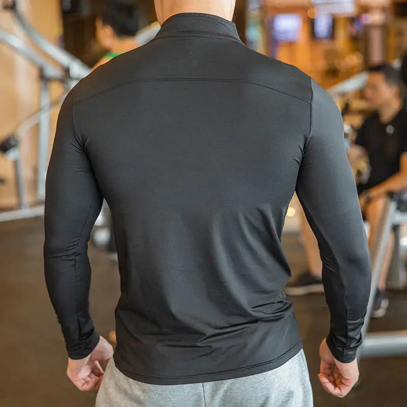 T-shirt de sport manches longues pour hommes - Coupe cintrée avec demi-fermeture éclair et col montant
