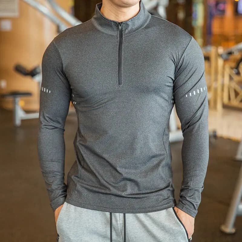 T-shirt de sport manches longues pour hommes - Coupe cintrée avec demi-fermeture éclair et col montant