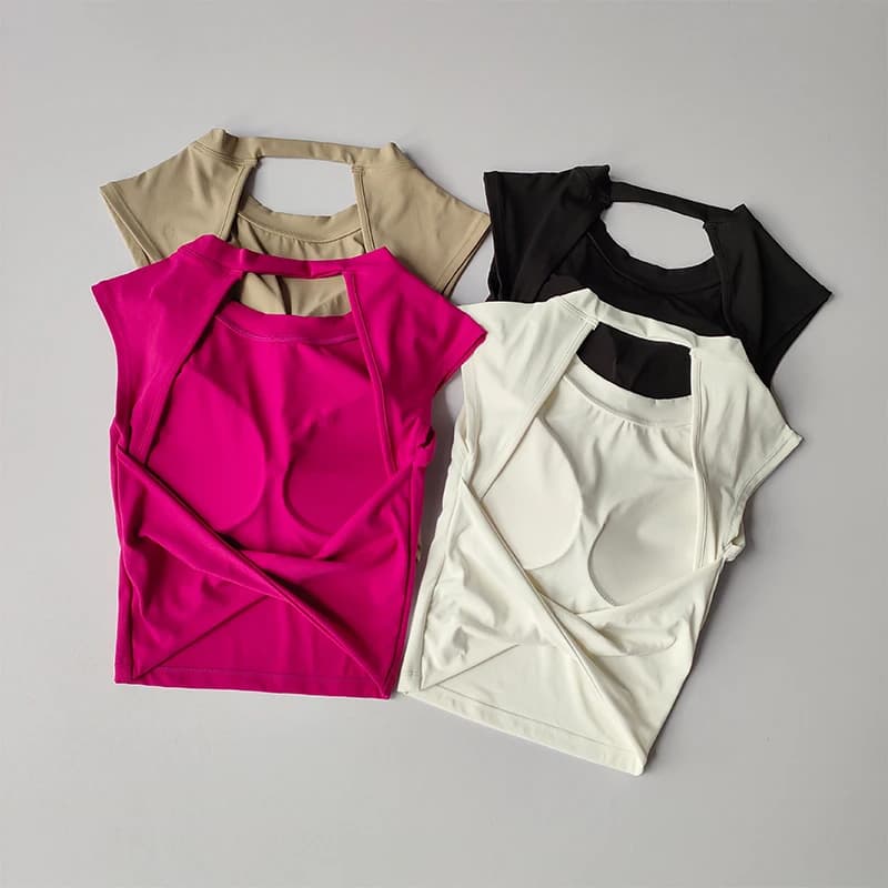 T-shirt dos nu femme sport sexy - Haut moulant yoga amincissant à séchage rapide pour pêche