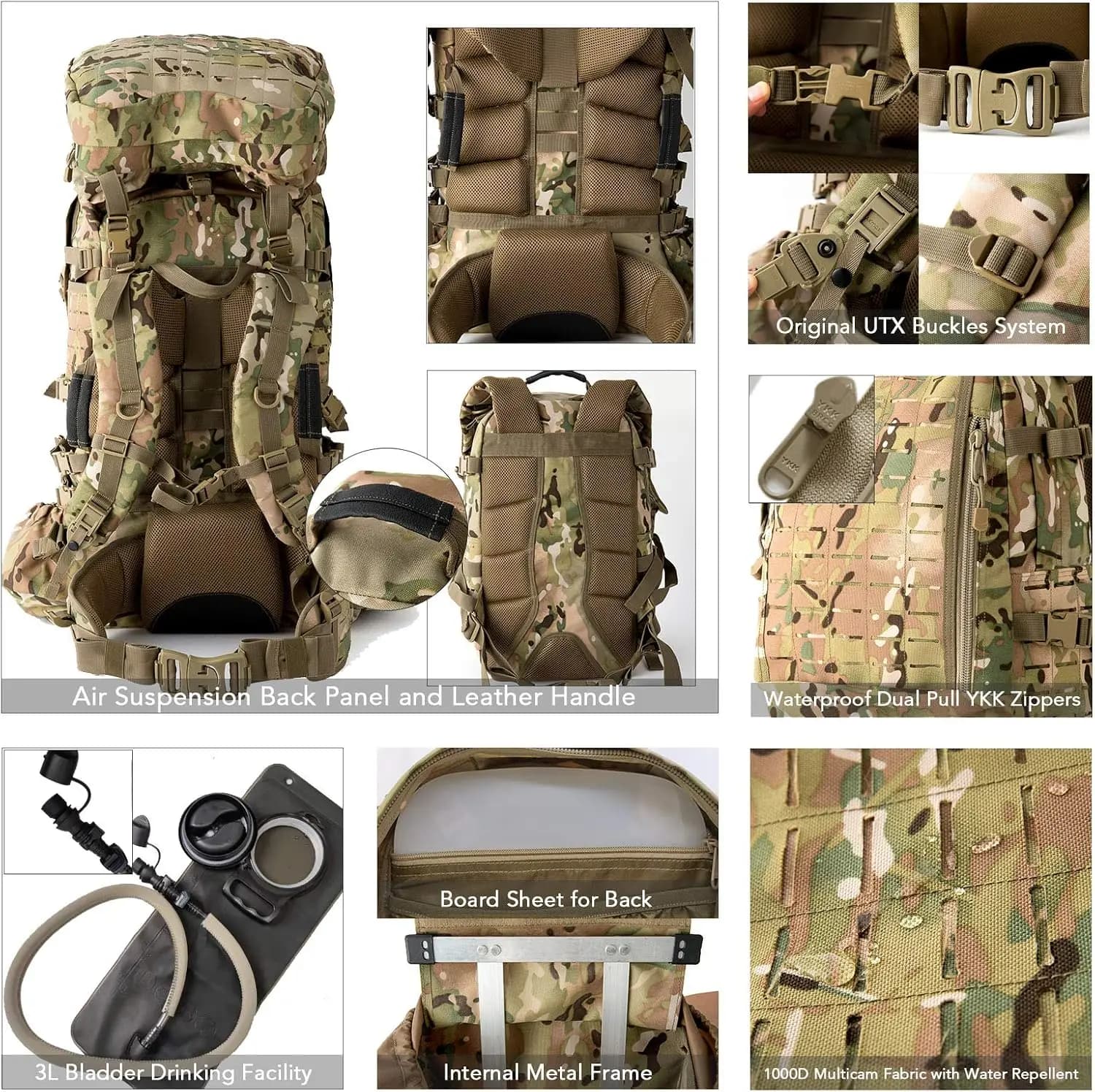 Sac à dos tactique militaire ILBE 120L découpé laser, imperméable 1000D avec pochette hydratation et radio camouflage