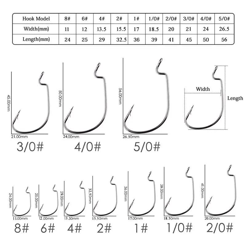 Hameçons offset JYJ 100 pièces tailles #5/0 à #8 acier carbone pour appâts souples pêche