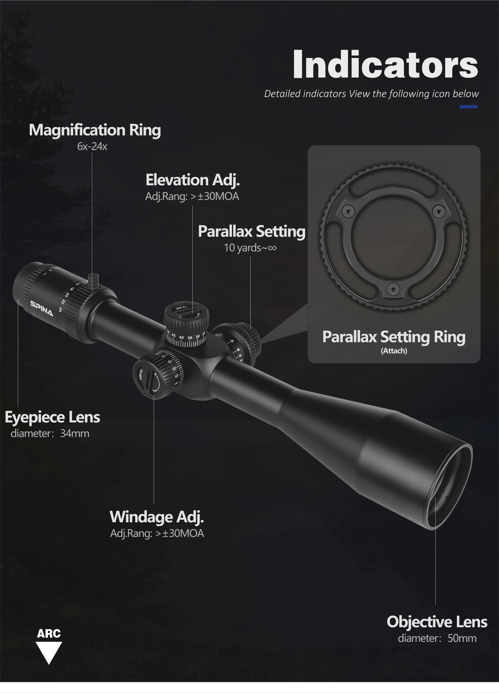 Lunette de Tir SPINA OPTICS WolfChase HD 6-24x50 FFP pour Carabine PCP et AR