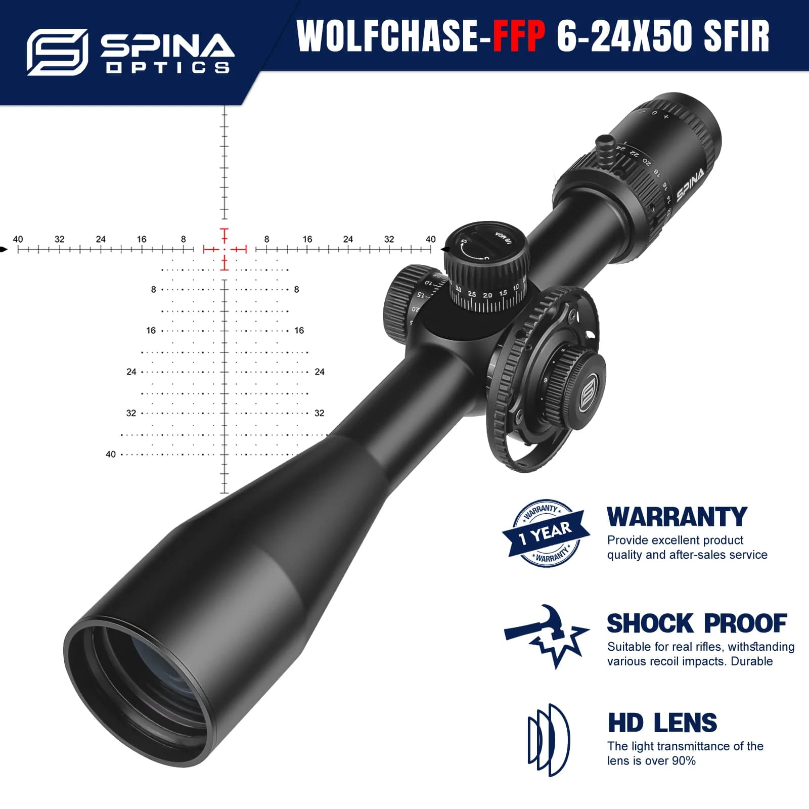 Lunette de Tir SPINA OPTICS WolfChase HD 6-24x50 FFP pour Carabine PCP et AR