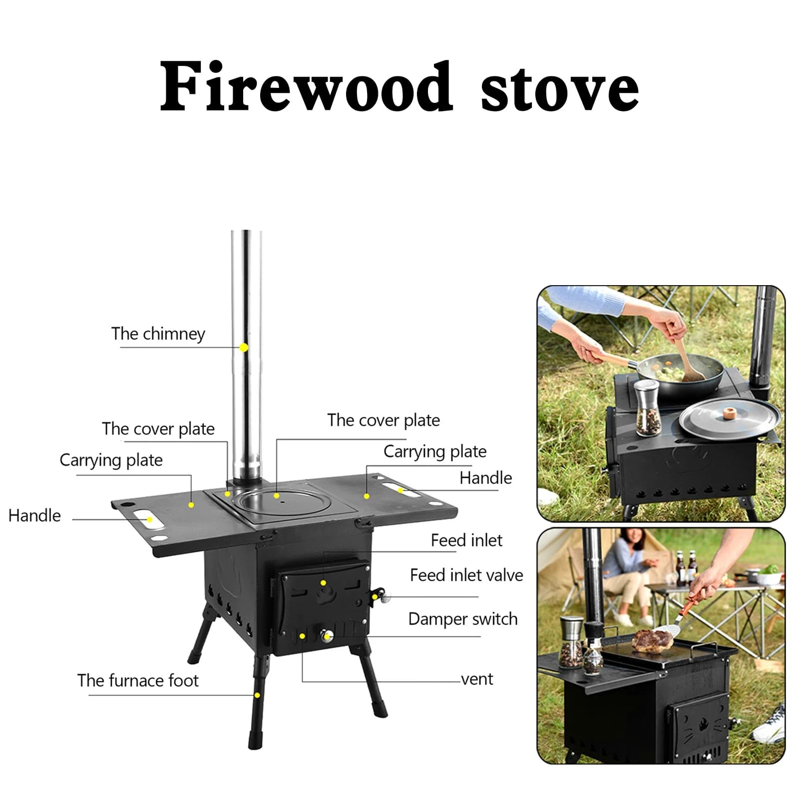 Poêle à bois portable pour camping et pique-nique, chauffage pliant extérieur à combustion bois
