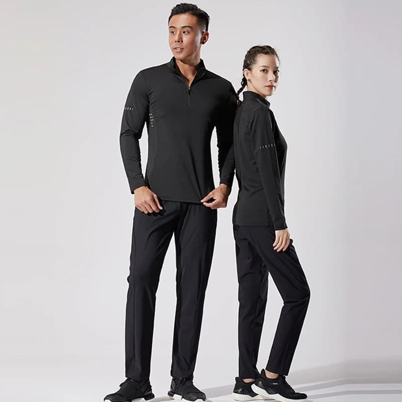 T-shirt de sport manches longues pour hommes - Coupe cintrée avec demi-fermeture éclair et col montant
