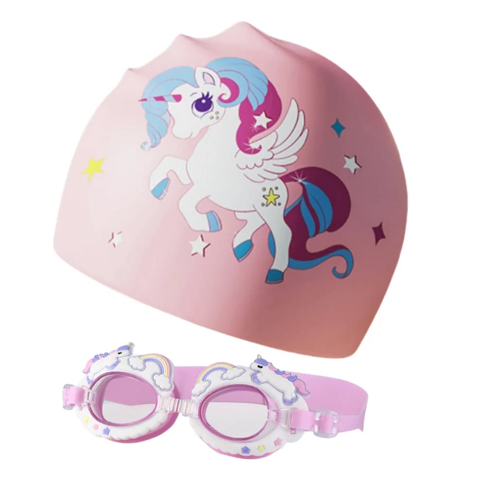 Set lunettes natation licorne rose enfant bonnet silicone étanche anti-buée sous-marin