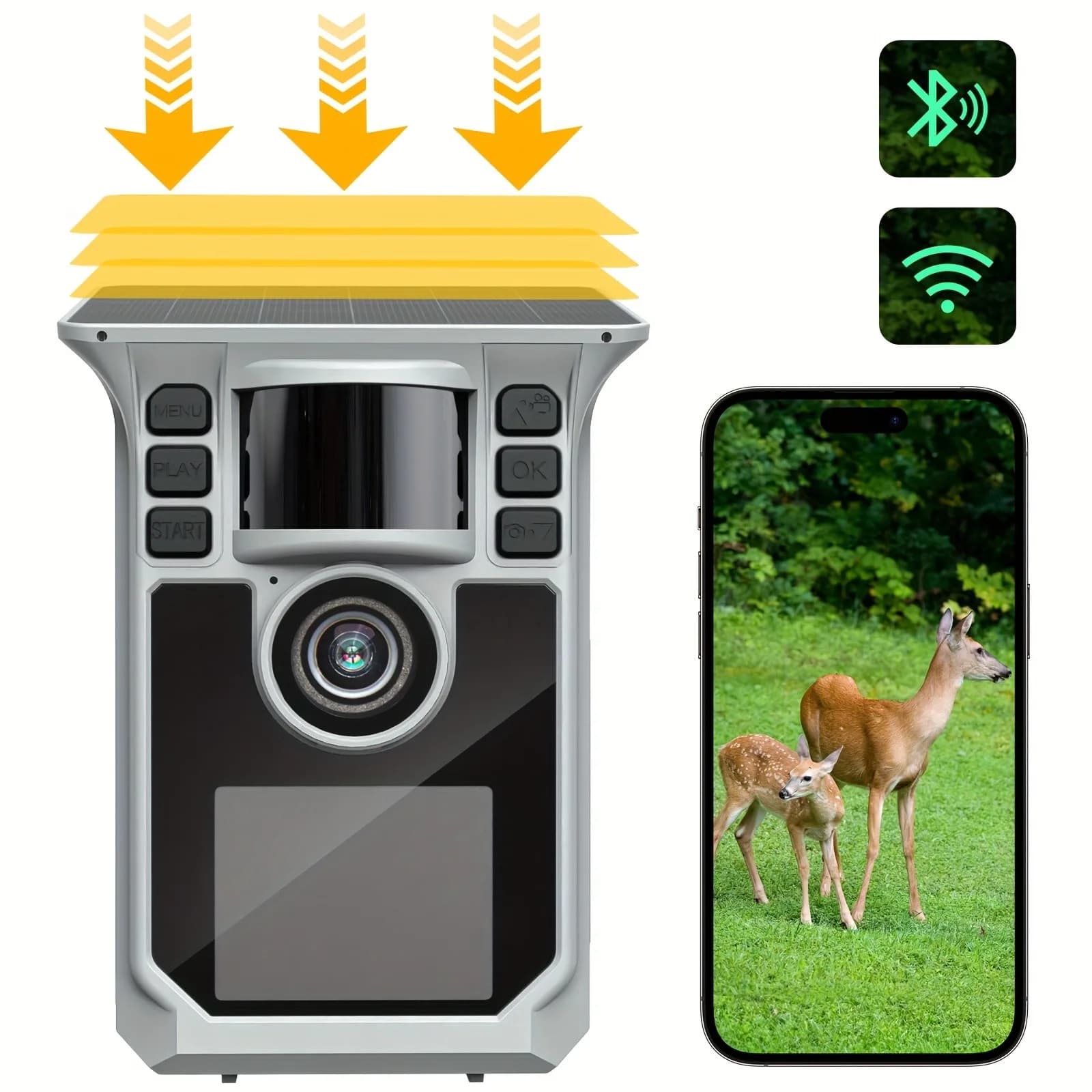 Caméra de chasse 4K 64MP WiFi solaire IP67 avec vision nocturne et détection de faune longue autonomie