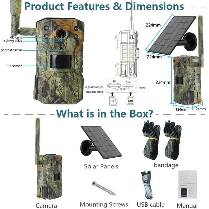 Caméra de chasse solaire 4MP/14MP 4G étanche - Détection mouvement 20m vision nocturne 30m pour faune