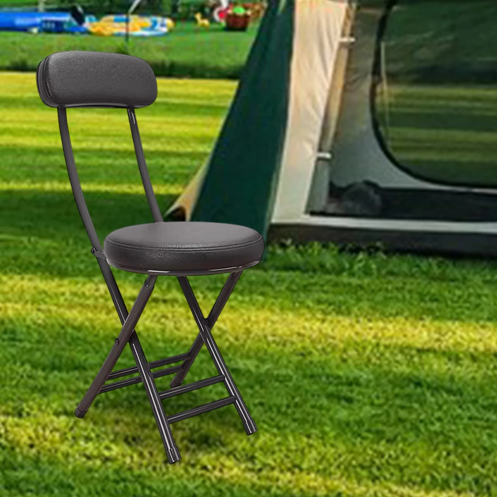 Tabouret pliant rembourré avec dossier - Siège compact métal pour pêche jardin et patio