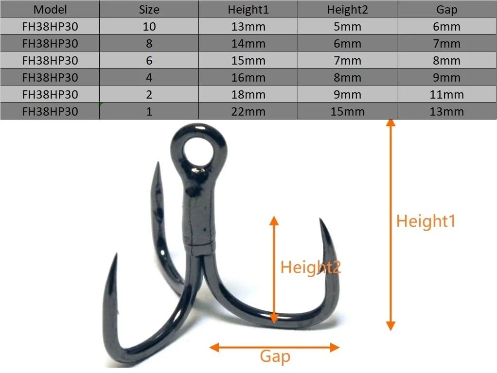 Hameçons triple forgés FH38HP30, 30 pièces à palette coupante acier noir, qualité pêche durable