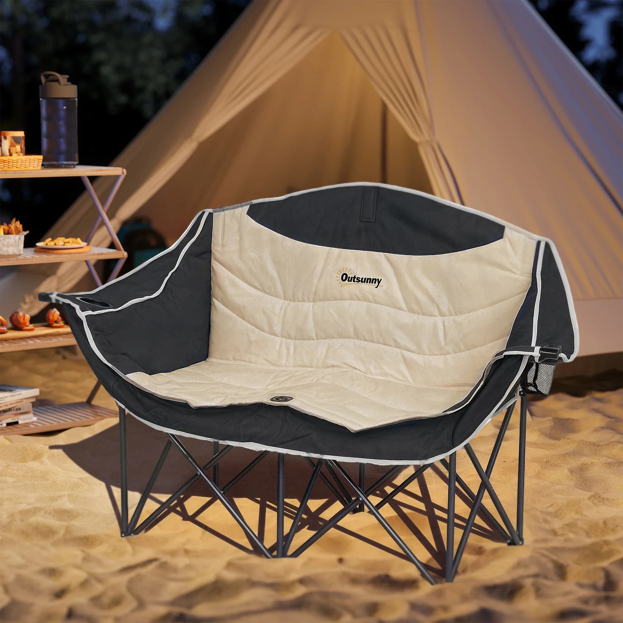 Chaise camping pliante 2 places avec porte-gobelets - Siège pêche portable charge 250kg kaki