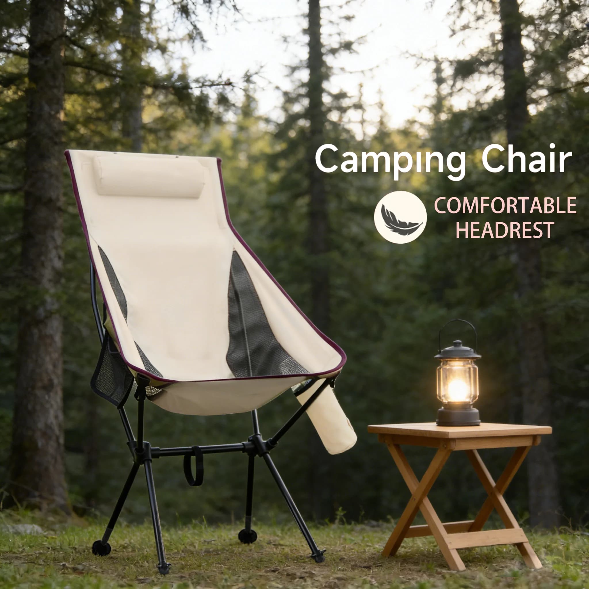 Chaise de camping pliable dossier haut avec appui-tête, capacité 330Lbs aluminium léger pour pêche et plage