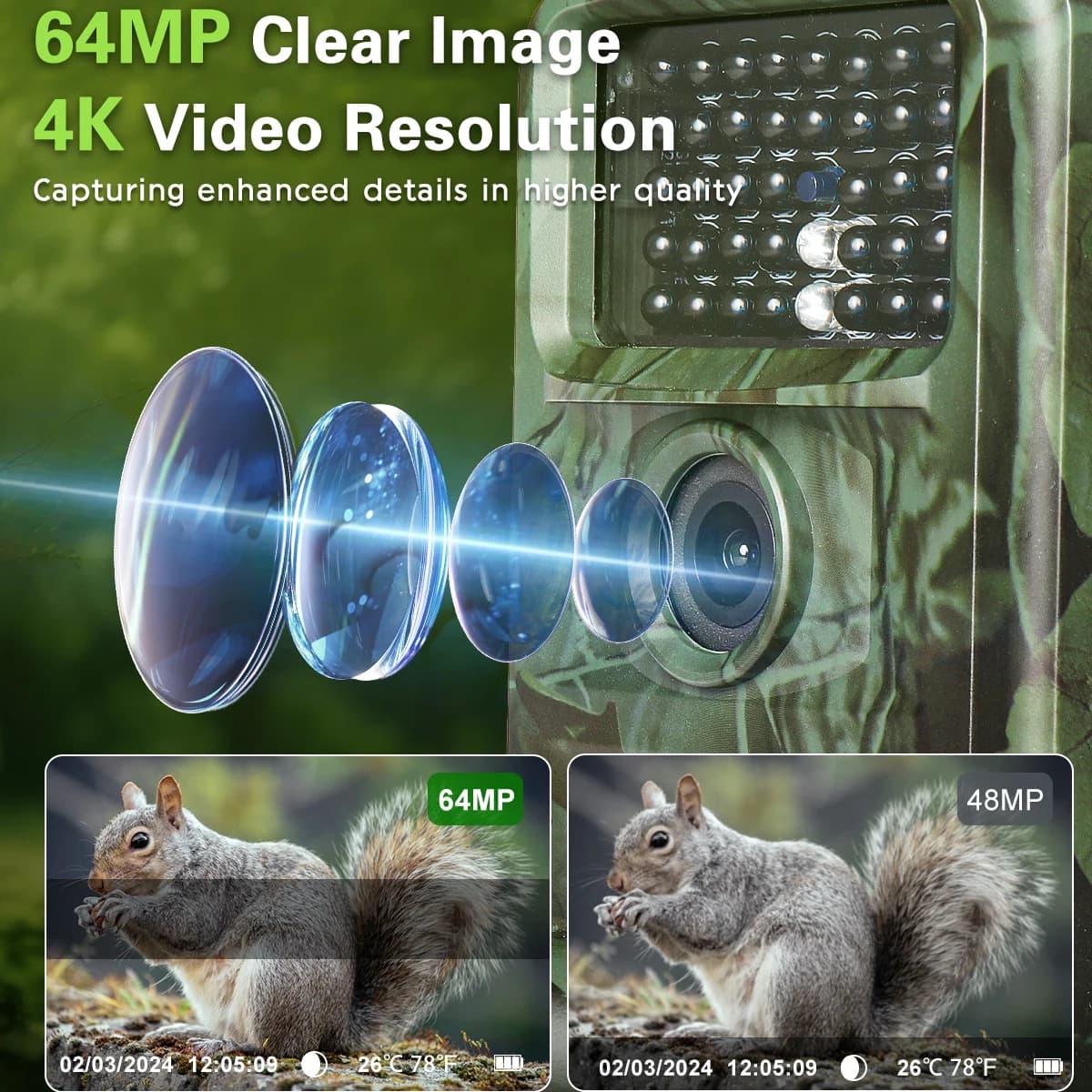 Caméra trail 4K 64MP vision nocturne low glow IP67 étanche écran 2 pouces monitoring faune outdoor