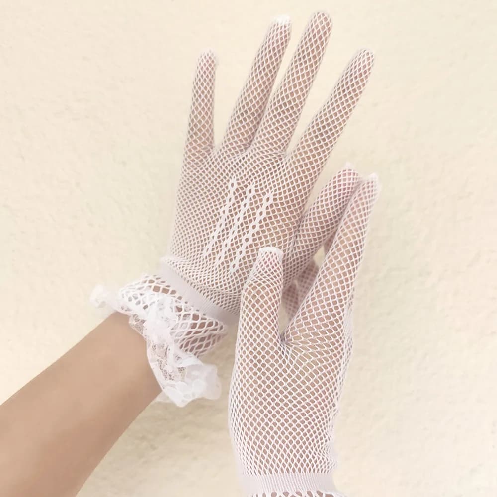 Gants conduite femme été anti-UV fins mesh fishnet dentelle volants doigts complets noir blanc