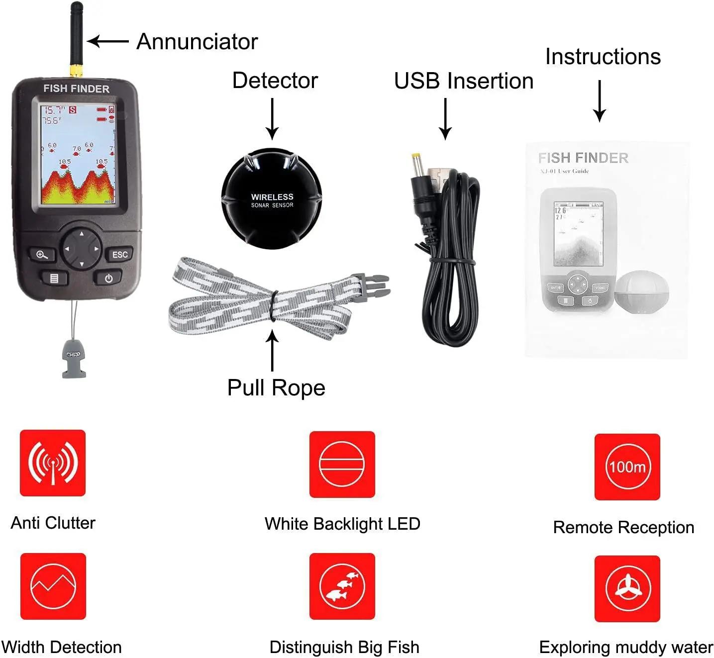 Détecteur de poissons sans fil sonar portable échosondeur pêche profondeur eau finder