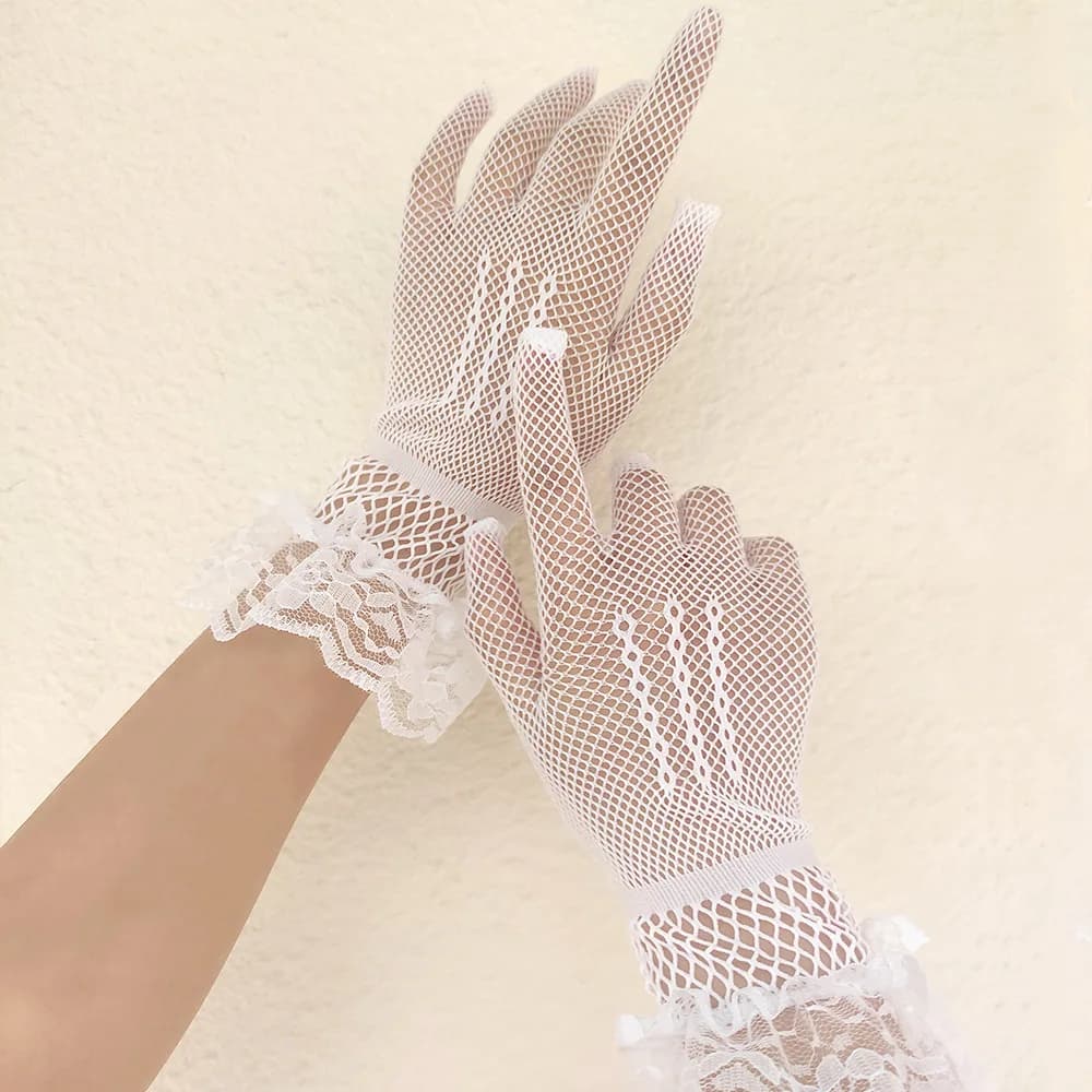 Gants conduite femme été anti-UV fins mesh fishnet dentelle volants doigts complets noir blanc