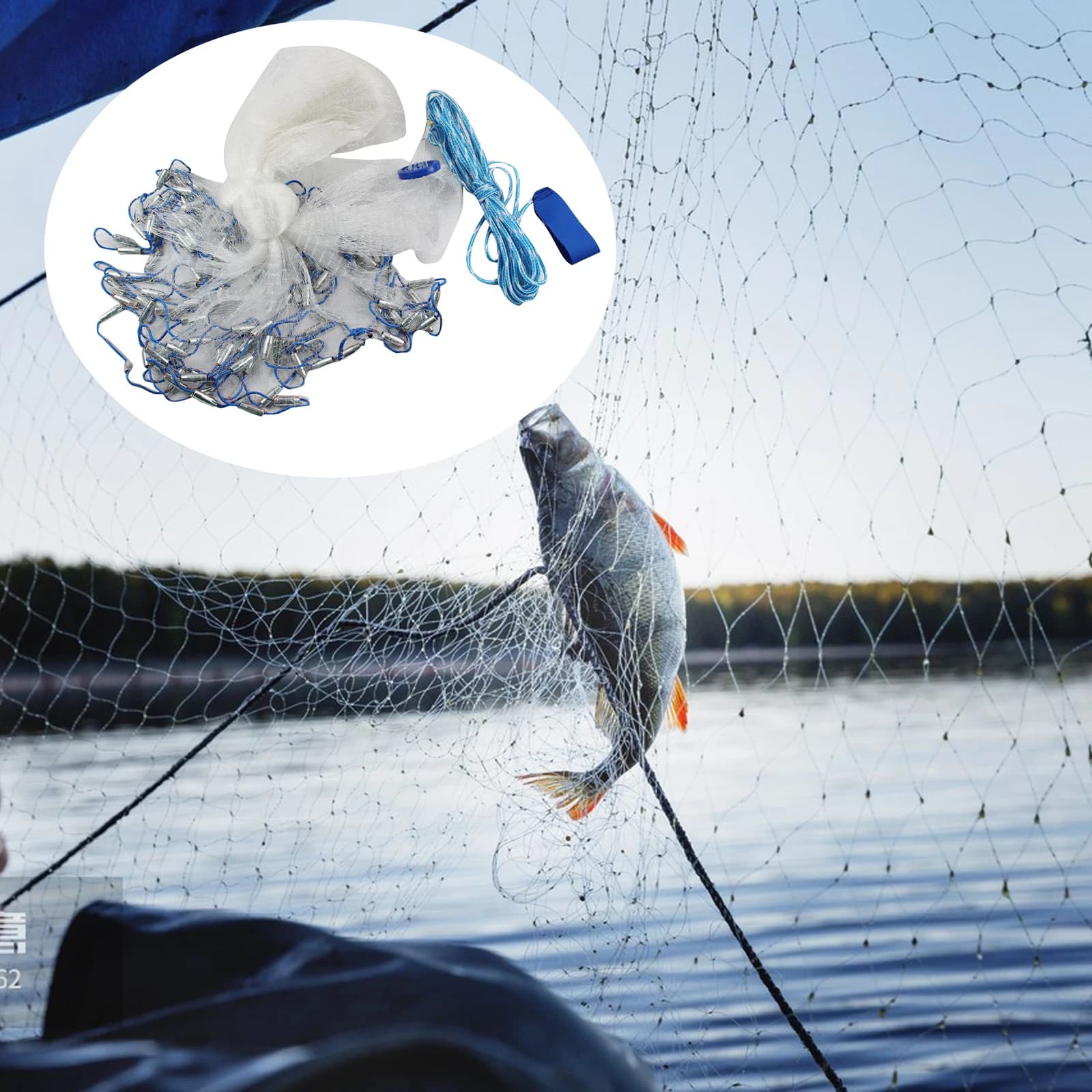Filet de lancer pêche léger 51 lbs avec plombs acier et mailles monofilament, facile à utiliser
