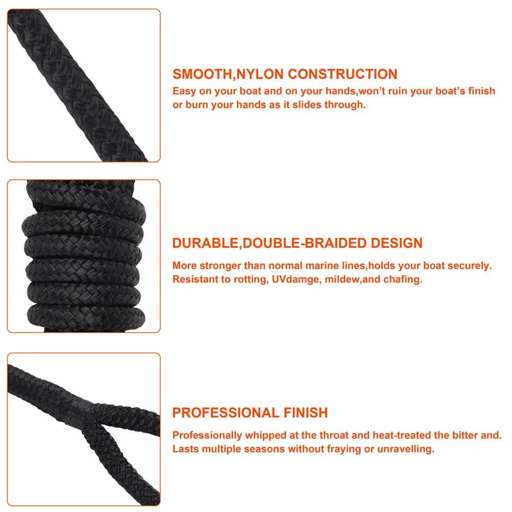Corde amarrage nylon double tresse noir bateau kayak dockline ancrage 5m 7.5m 15m pêche
