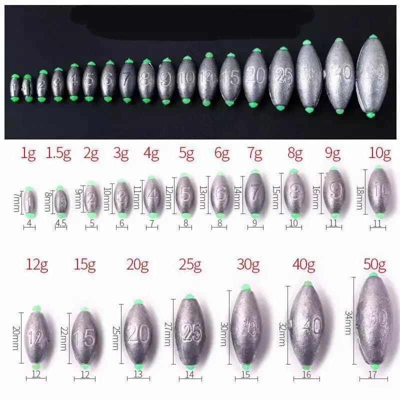 Plombs coulissants olive 2g à 30g pour la pêche de la carpe, lot de 5 ou 10 sinkers
