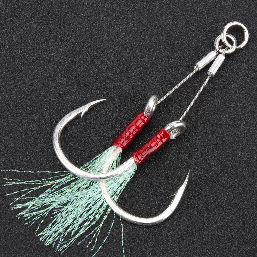 Hameçons doubles à plumes 2 paires pour jigging assisté - Tailles 1/0 à 7/0 pêche mer