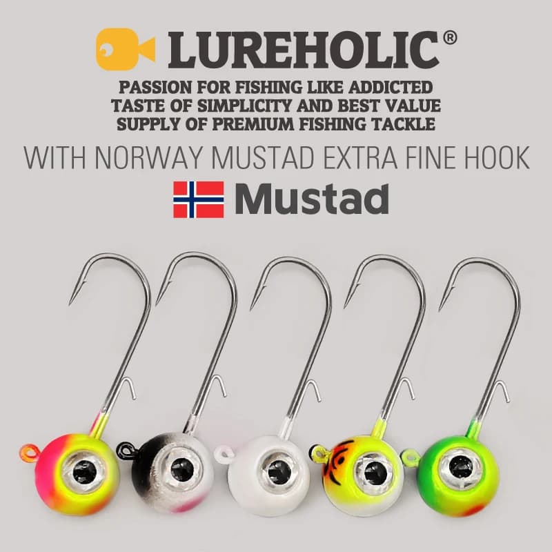 Tête plombée LUREHOLIC 1.8g-10g avec hameçon Mustad pour leurres souples pêche carnassiers