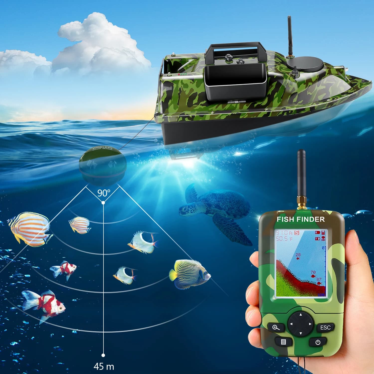 Bateau appât pêche RC GPS 500m avec 3 trémies sondeur poissons capteur sonar batteries de rechange sac de transport