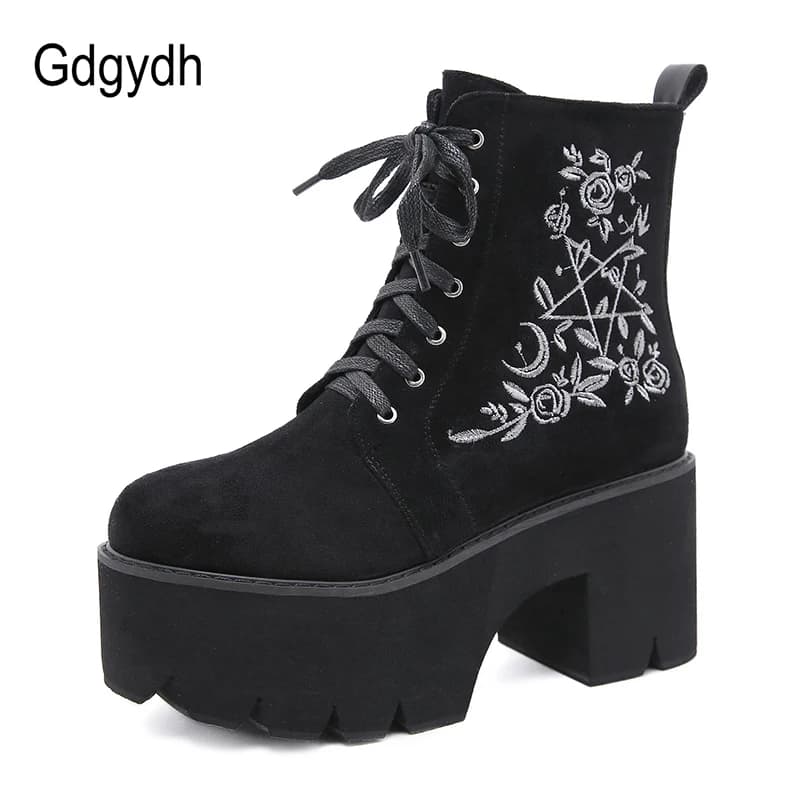 Bottes plateforme fleurs punk suédine - Chaussures gothique pêche nuit lacets qualité