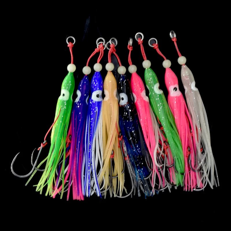 5 calamars souples 12cm avec jupes silicone et hameçons doubles assist - Pêche mer