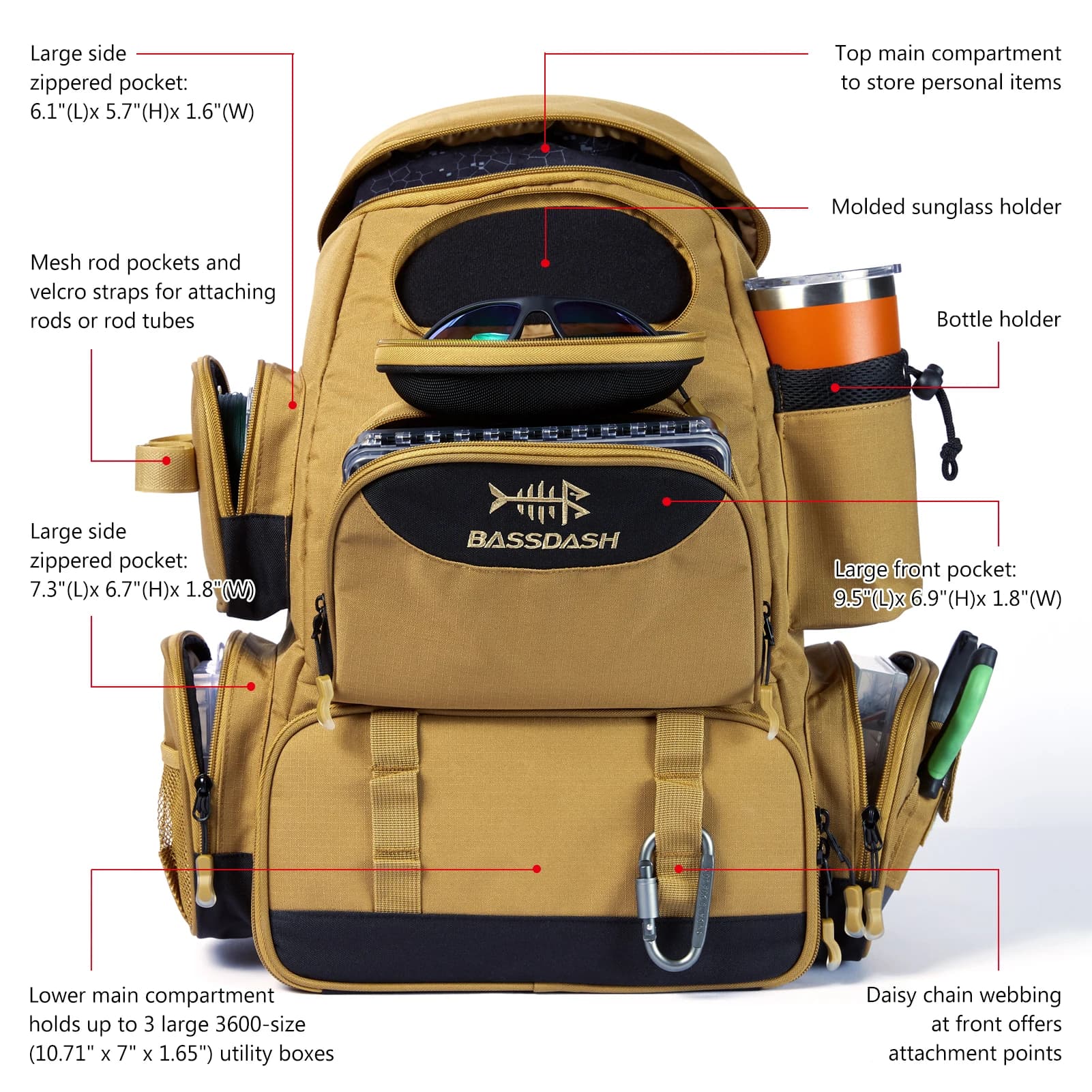 Sac à dos pêche Bassdash : backpack technique pour matériel de pêche avec organisation optimisée