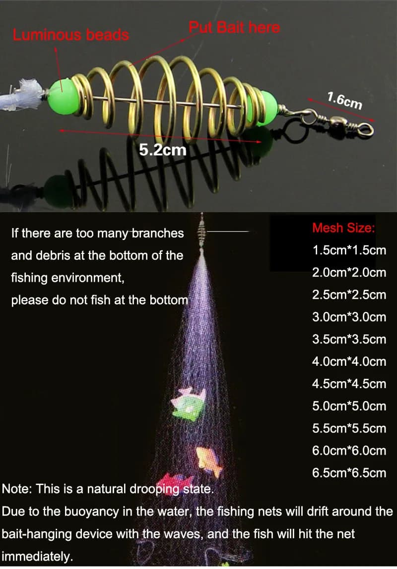 Filet de pêche pliable lumineux pour nuits avec perles réfléchissantes et appâts