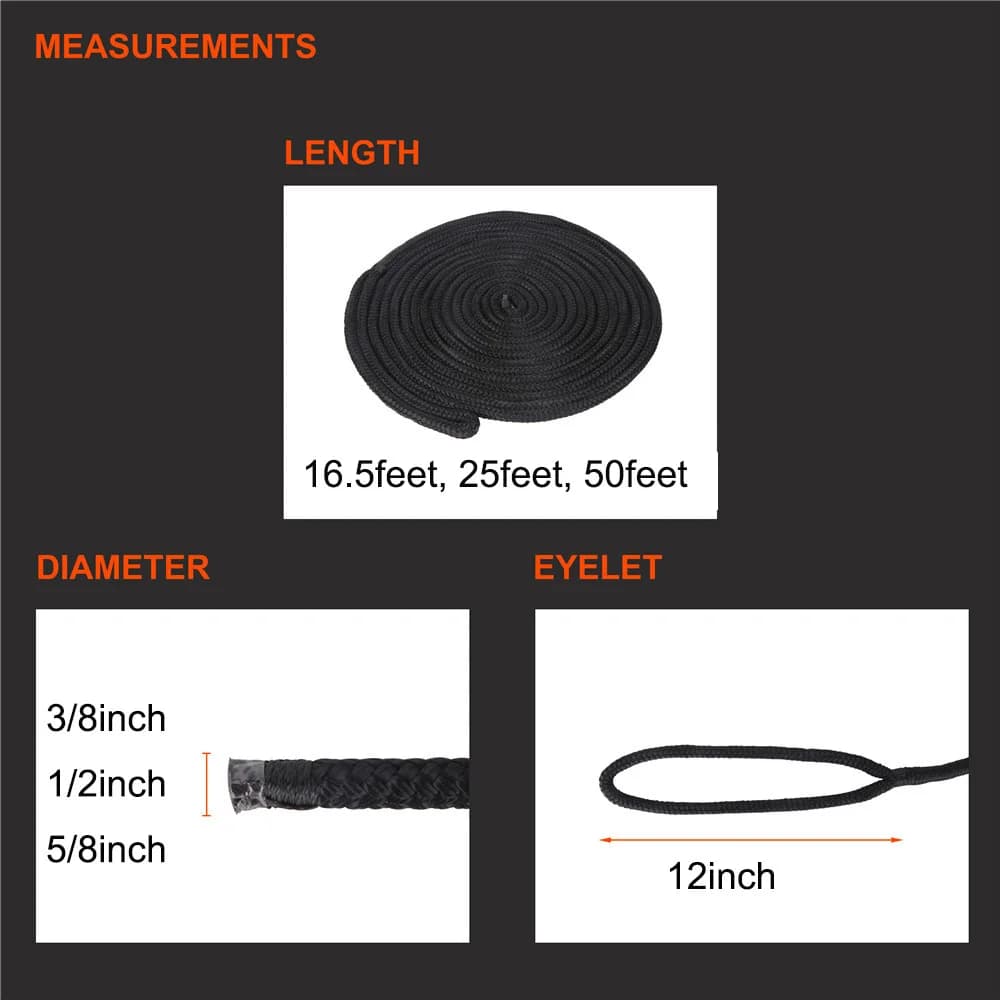 Corde amarrage nylon double tresse noir bateau kayak dockline ancrage 5m 7.5m 15m pêche