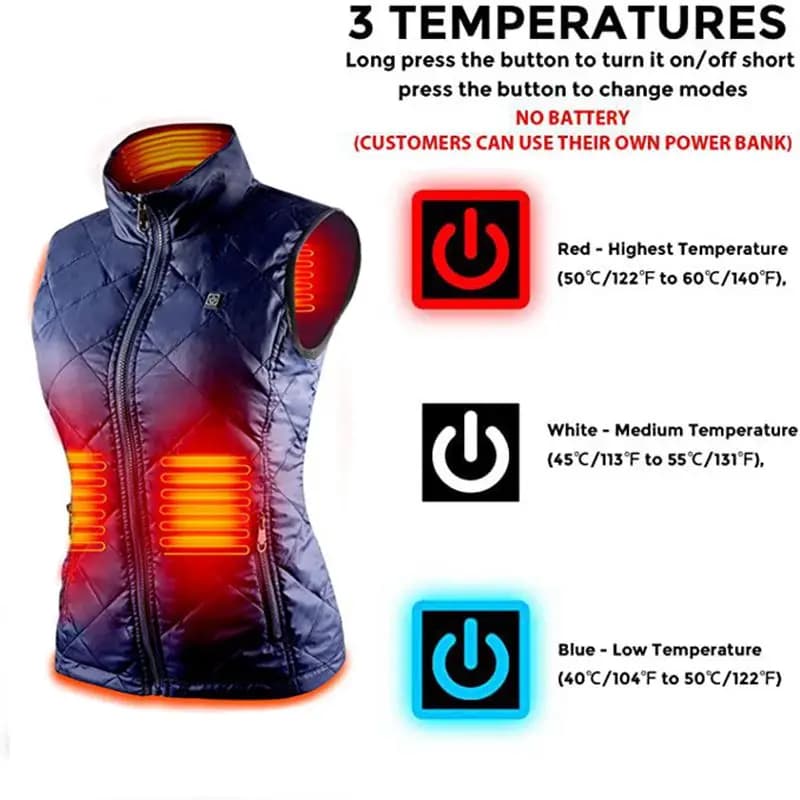 Veste chauffante électrique USB femme 9 zones double interrupteur - Automne hiver coton thermique