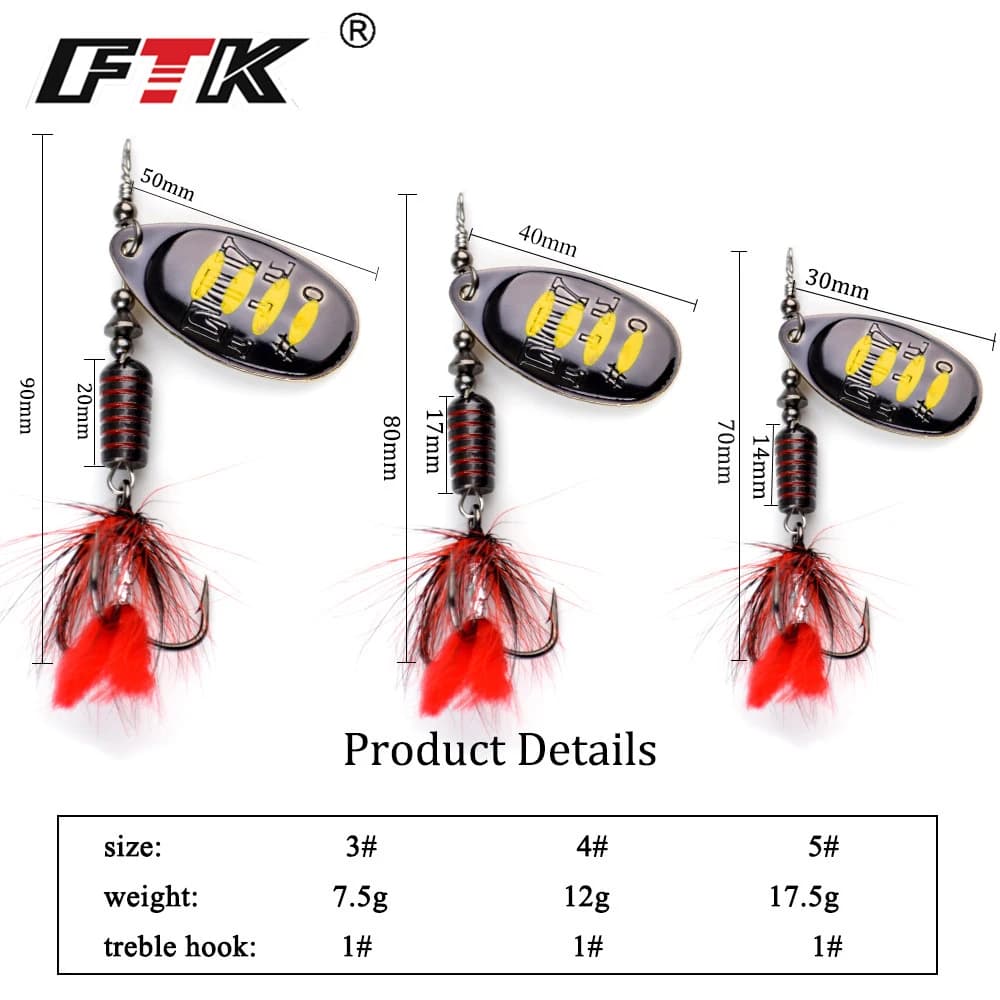 Spinner bait FTK 7.5g 12g 17.5g avec plumes - leurre métal pour brochet et black bass